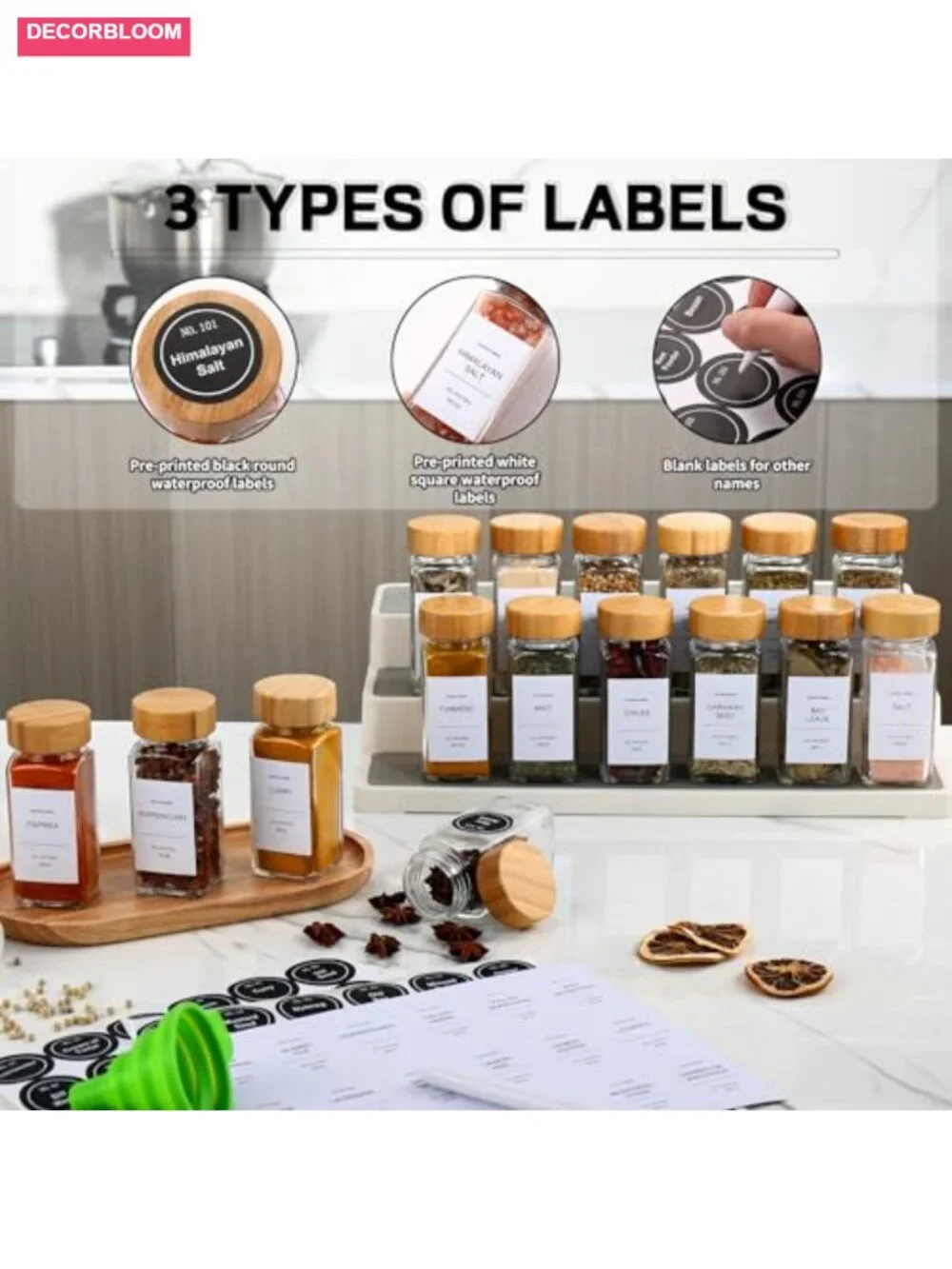 24-Piece Glass Spice Jars with Bamboo Lids, 4 oz Each, Kitchen Organization Set